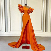 Long Orange Evening Dresses Short Sleeve One Shoulder Crystals High Slit Formal Evening Party Gowns