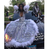 Long Sparkly  V-neck Long Sleeve Silver Sequin White Feather Prom Dress