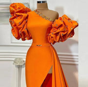 Long Orange Evening Dresses Short Sleeve One Shoulder Crystals High Slit Formal Evening Party Gowns