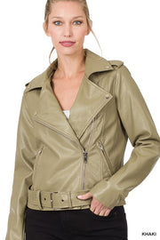 VEGAN LEATHER BELTED MOTO JACKET