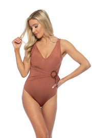 SOLID ONE PIECE SWIMWEAR WITH RING ACCENT