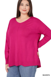 PLUS HI LOW GARMENT DYED FRONT SEAM SWEATER