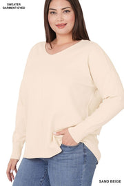 PLUS HI LOW GARMENT DYED FRONT SEAM SWEATER