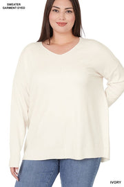 PLUS HI LOW GARMENT DYED FRONT SEAM SWEATER