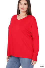 PLUS HI LOW GARMENT DYED FRONT SEAM SWEATER