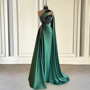 Emerald Green Long Evening Dress High Slit Luxury Beaded Satin Formal Evening Gowns With Slit