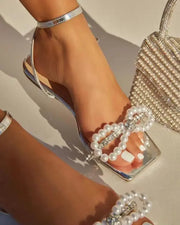 Beaded Square Toe Rhinestone Ankle Strap Sandals