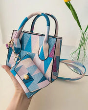 Geometric Colorblock Satchel Bag With Inner Pouch