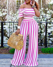 Striped Print Crop Top & Wide Leg Pants Set