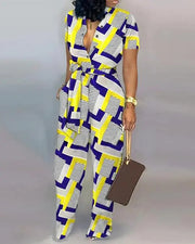 Geometric Print Tied Detail Wide Leg Jumpsuit