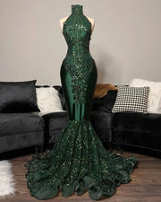 Green Emerald Sequined High Neck Glitter Prom Dress