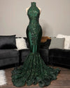 Green Emerald Sequined High Neck Glitter Prom Dress