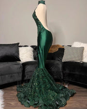 Green Emerald Sequined High Neck Glitter Prom Dress