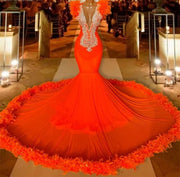 Crystal  Orange Feathers Mermaid  Prom Dress