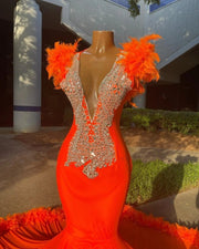 Crystal  Orange Feathers Mermaid  Prom Dress