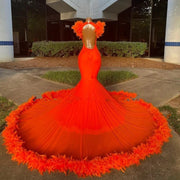 Crystal  Orange Feathers Mermaid  Prom Dress