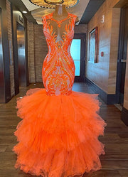 Orange Mermaid Prom Dress Scoop Sequin Party Dresses Birthday Evening Wear