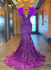 Purple Mermaid Prom Dresses Scoop Sequin Feathers Party Dress Birthday Wear