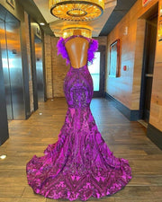 Scoop Sequin Feathers Purple Mermaid Prom Dress