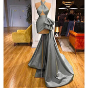 Gray Ruffled Evening Gown with Train