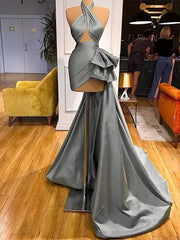 Gray Ruffled Evening Gown with Train