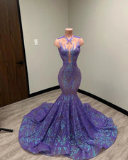 Real Sample Long Prom Dresses Fitted Mermaid Style Sheer Mesh Royal Blue Sparkly Sequined Women Prom Gala Gowns