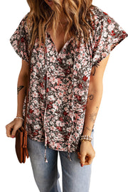 Khaki V-neck Short Sleeve Fashion Print Fantasy Fluttering Blouse