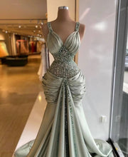 Long Luxury Mermaid Style V-neck Beaded Silver Evening Gowns