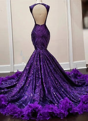 Purple Feathers Mermaid Prom Dress