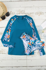 Floral Print Zipper Long Sleeve Surfing Swimwear