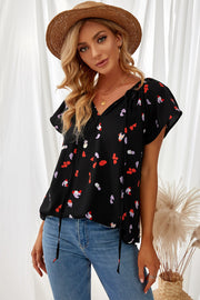 Khaki V-neck Short Sleeve Fashion Print Fantasy Fluttering Blouse