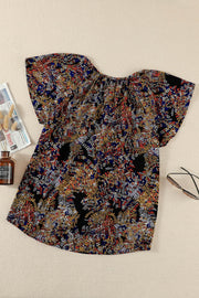 Khaki V-neck Short Sleeve Fashion Print Fantasy Fluttering Blouse