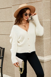 Puff Sleeve V-Neck Fuzzy Cardigan