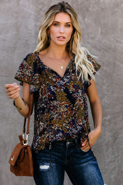 Khaki V-neck Short Sleeve Fashion Print Fantasy Fluttering Blouse