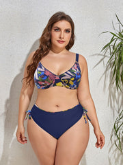 Plus Size Printed V-Neck Drawstring Bikini Set