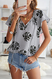 Khaki V-neck Short Sleeve Fashion Print Fantasy Fluttering Blouse