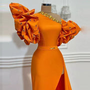 Long Orange Evening Dresses Short Sleeve One Shoulder Crystals High Slit Formal Evening Party Gowns