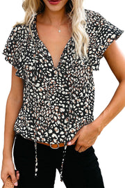 Khaki V-neck Short Sleeve Fashion Print Fantasy Fluttering Blouse