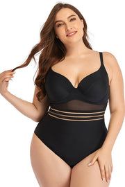 Plus Size Spliced Mesh Tie-Back One-Piece Swimsuit