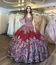 Floral Print Sweetheart Burgundy Quinceanera Dress