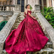 Spaghetti Straps Off Shoulder Princess Burgundy Quinceanera Dress