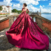 Spaghetti Straps Off Shoulder Princess Burgundy Quinceanera Dress