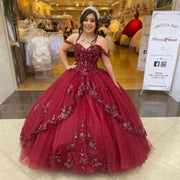 Burgundy Quinceanera Dresses Sweetheart Off The Shoulder Appliques Sequins Party Princess Pageant Sweet 15 Ball Gown