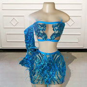 Custom Made Sexy 2 Piece Short Prom Dress for Birthday Party Sparkly Sequin Feather Single Sleeve Women Mini Cocktail Gowns