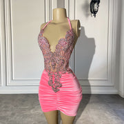 Cute Halter Sleeveless Sparkly Embroidery Women Birthday Party Formal Gowns Pink Velvet Short Prom Dresses