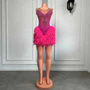 Hot Pink Feathered Beaded Party Gown