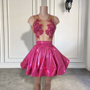 Elegant Sheer O-neck Beaded Crystals Women Cocktail Gowns A-line Hot Pink Short Prom Dresses For Birthday Party