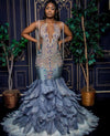 Prom Dress Full Bodice Rhinestone V-Cut Neckline Open Back Lower Zipper Closure Feather Train