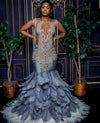 Prom Dress Full Bodice Rhinestone V-Cut Neckline Open Back Lower Zipper Closure Feather Train