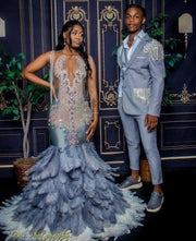 Prom Dress Full Bodice Rhinestone V-Cut Neckline Open Back Lower Zipper Closure Feather Train